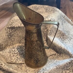 Vintage Ornate English Cottage Brass Decor Embossed Pitcher 11'' Tall ENGLAND